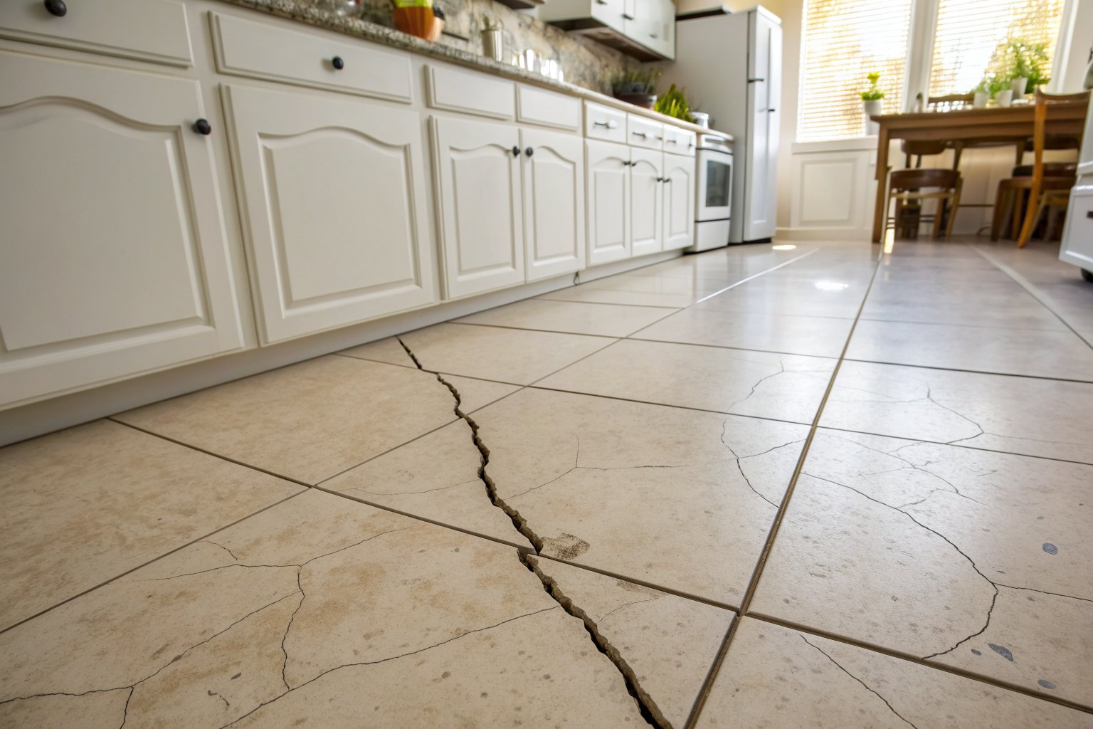 Crack running across several beige ceramic floor tiles in a kitchen with white cabinets