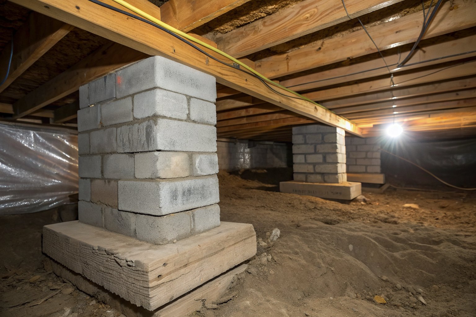 Concrete block piers under a wooden girder in a crawl space, with plastic sheeting on the ground