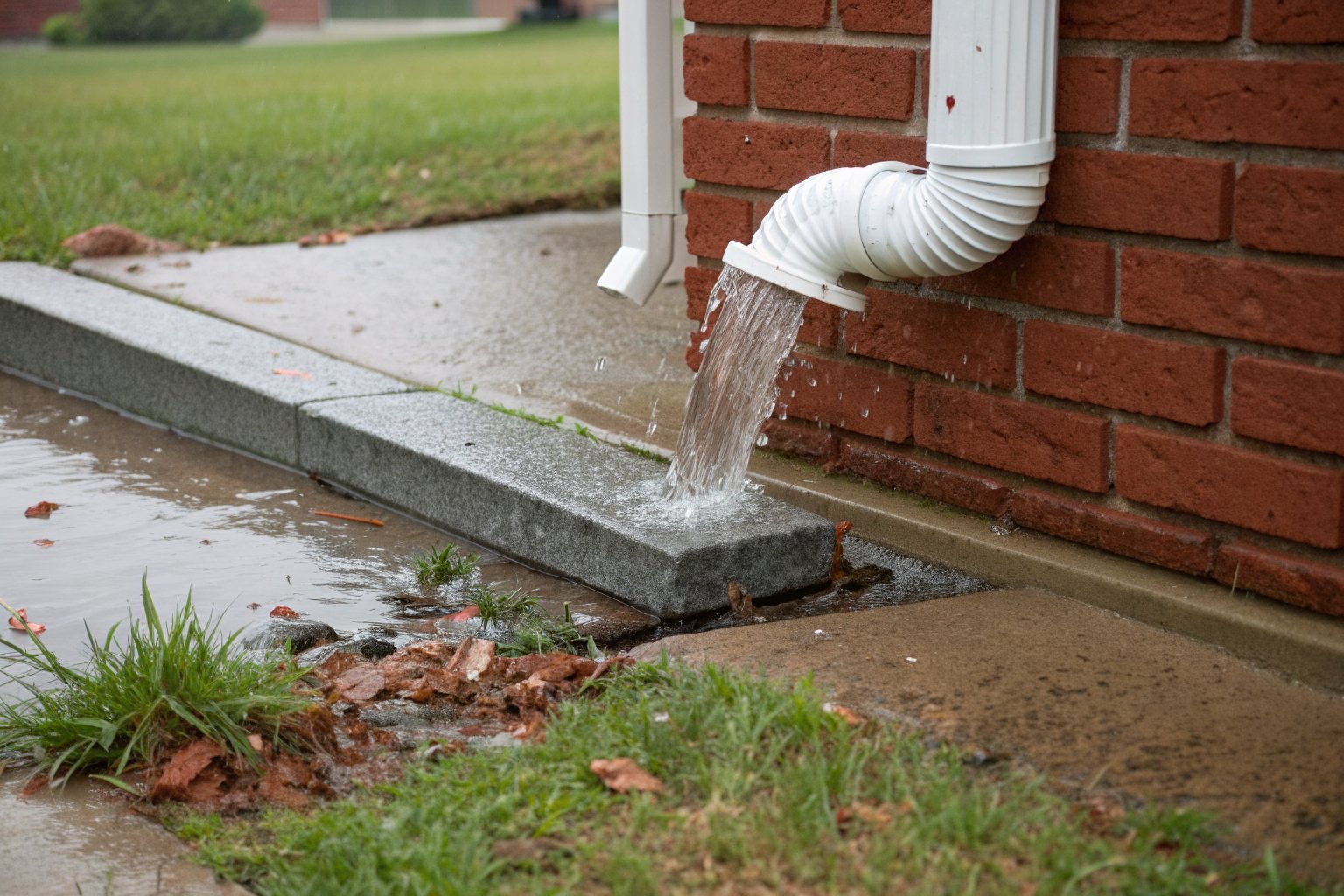 Downspout pouring rainwater onto a concrete splash block at the corner of a brick house