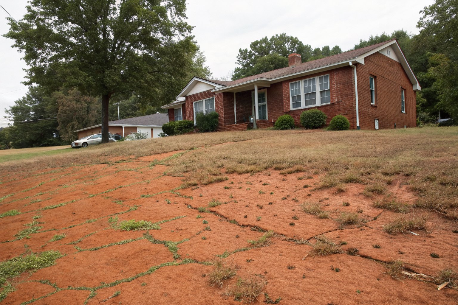 Brown, dry lawn with patches of bare, cracked clay soil in front of a brick house