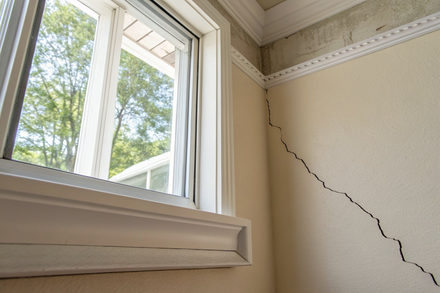 Diagonal crack across a painted wall beside a window and crown molding
