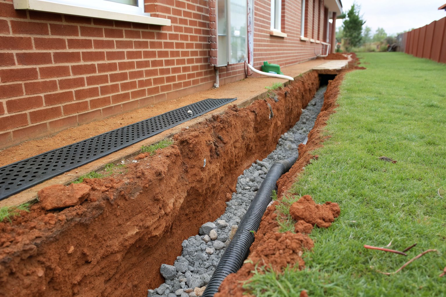 Trench along a brick wall partly filled with gravel and a black corrugated drain pipe
