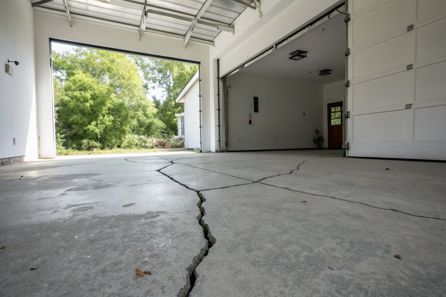 Long jagged crack across a concrete garage floor, one side sitting slightly higher than the other