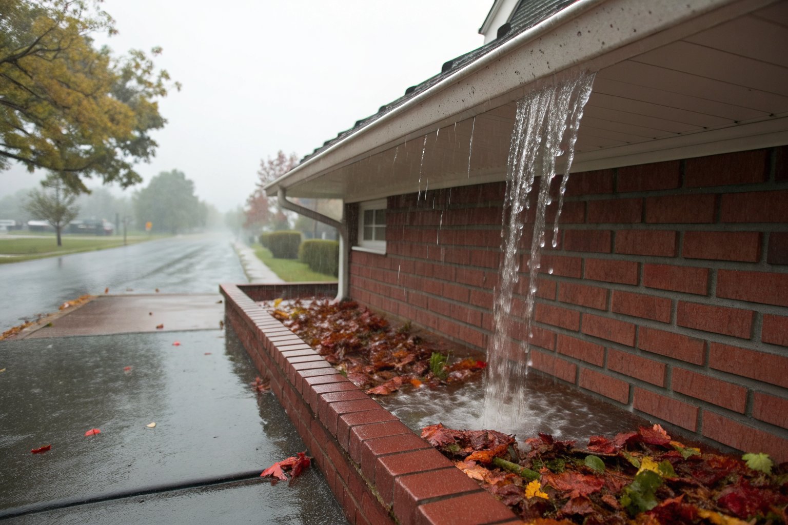 Rainwater pouring over a gutter edge onto a flower bed beside a brick foundation