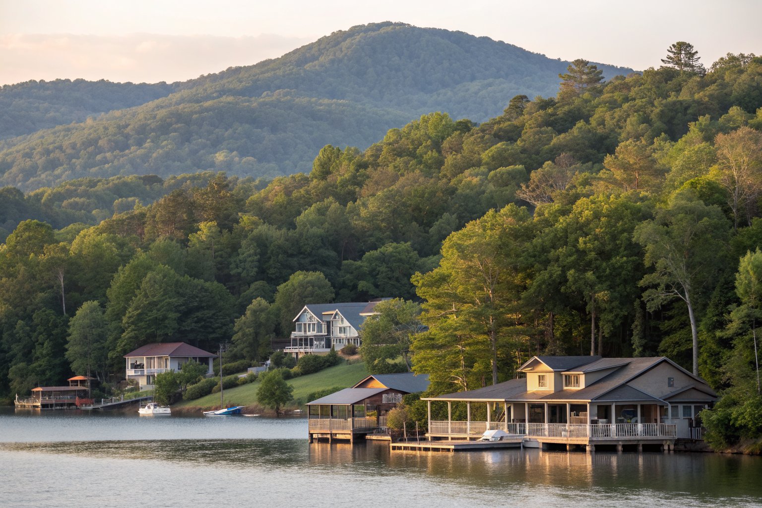 Homes and private docks along a wooded lake shore, with a forested ridge behind
