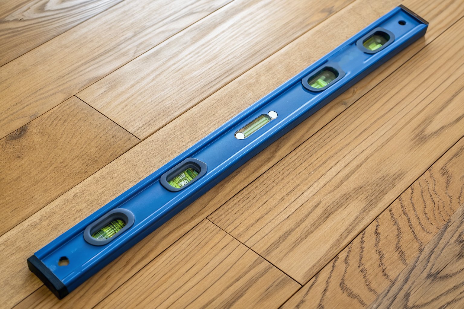 Blue spirit level lying on oak hardwood floorboards