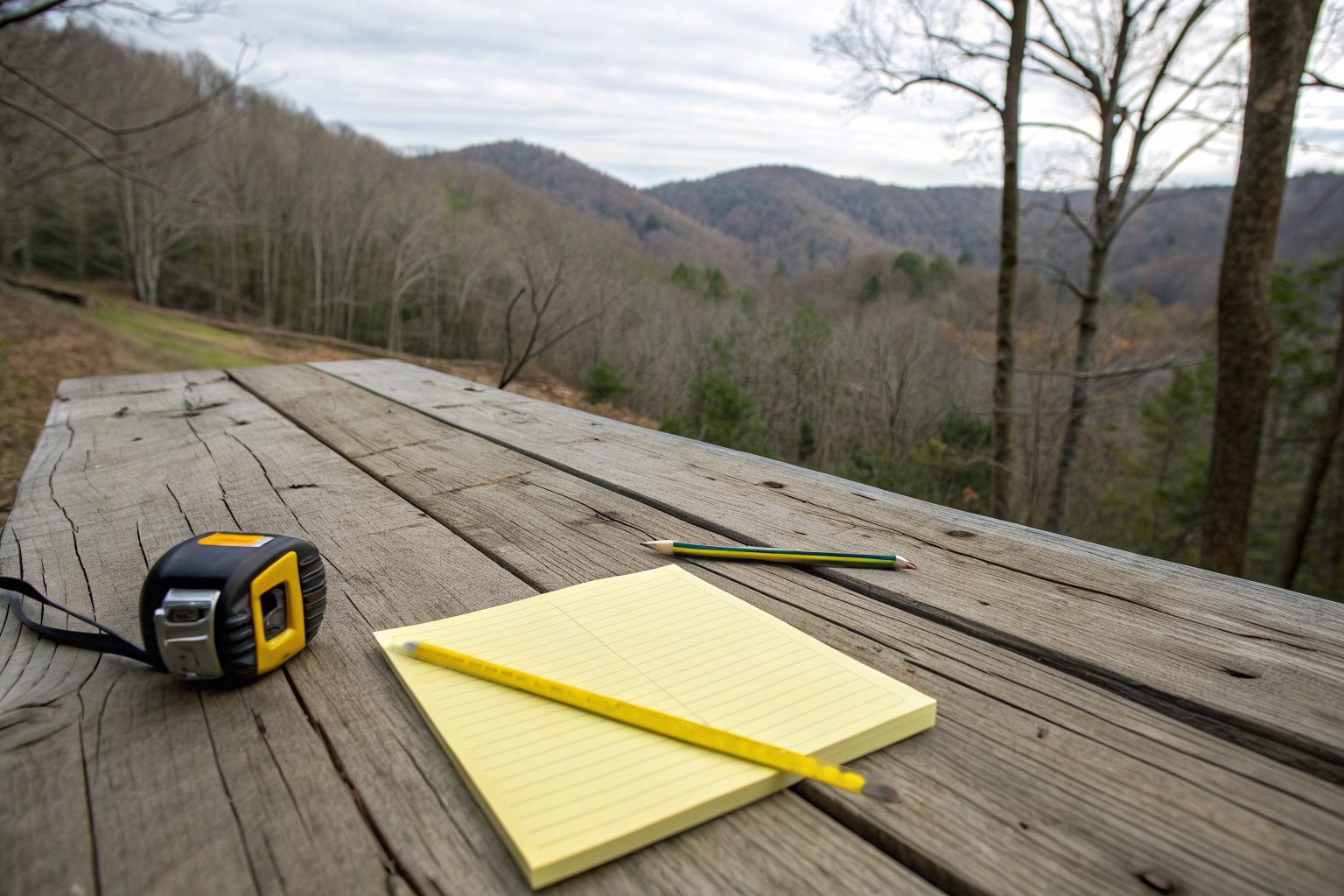 Blank yellow notepad, a pencil and a tape measure on a weathered wooden deck table
