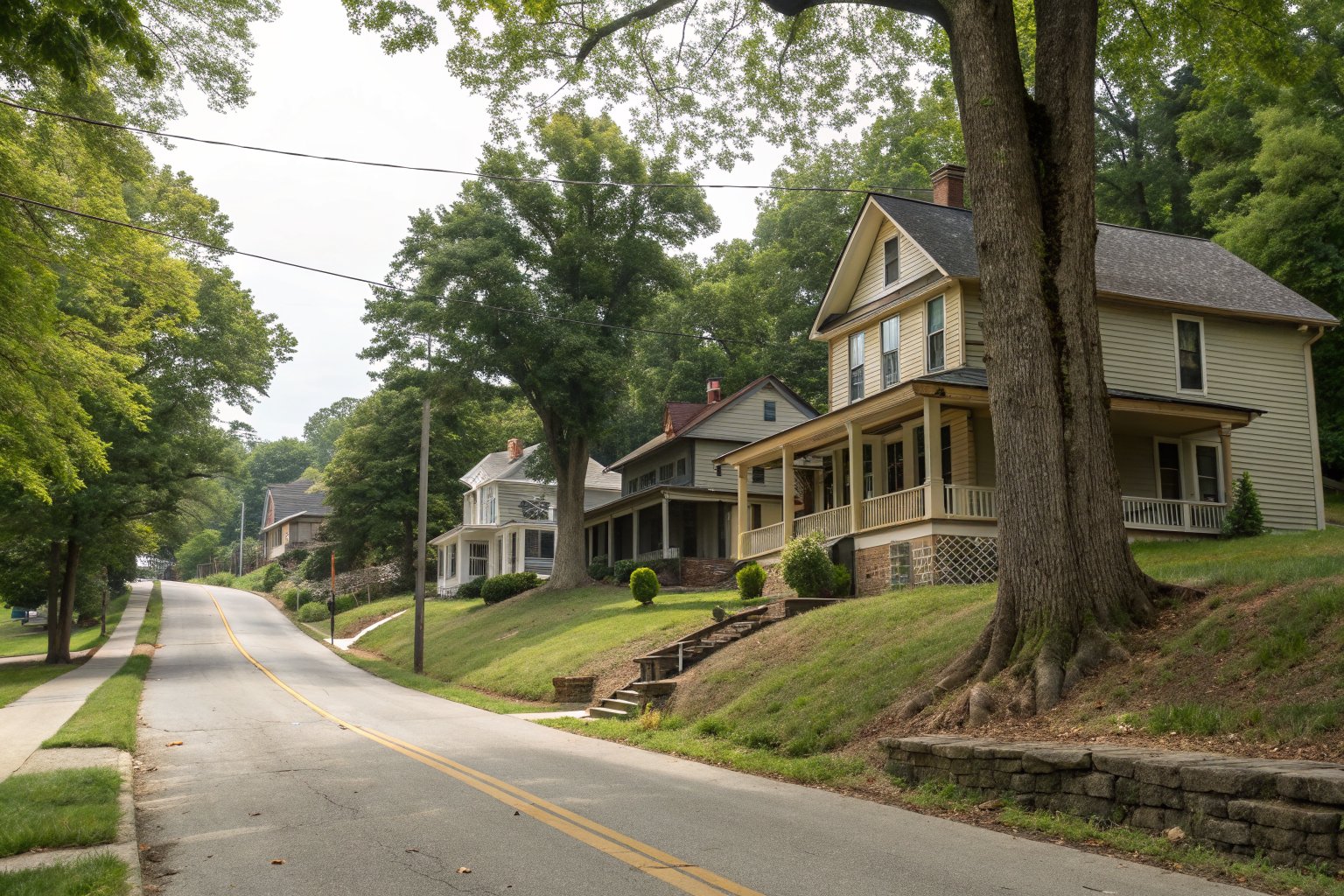 Early 1900s two-story wood-sided houses with deep porches along a street climbing a hill