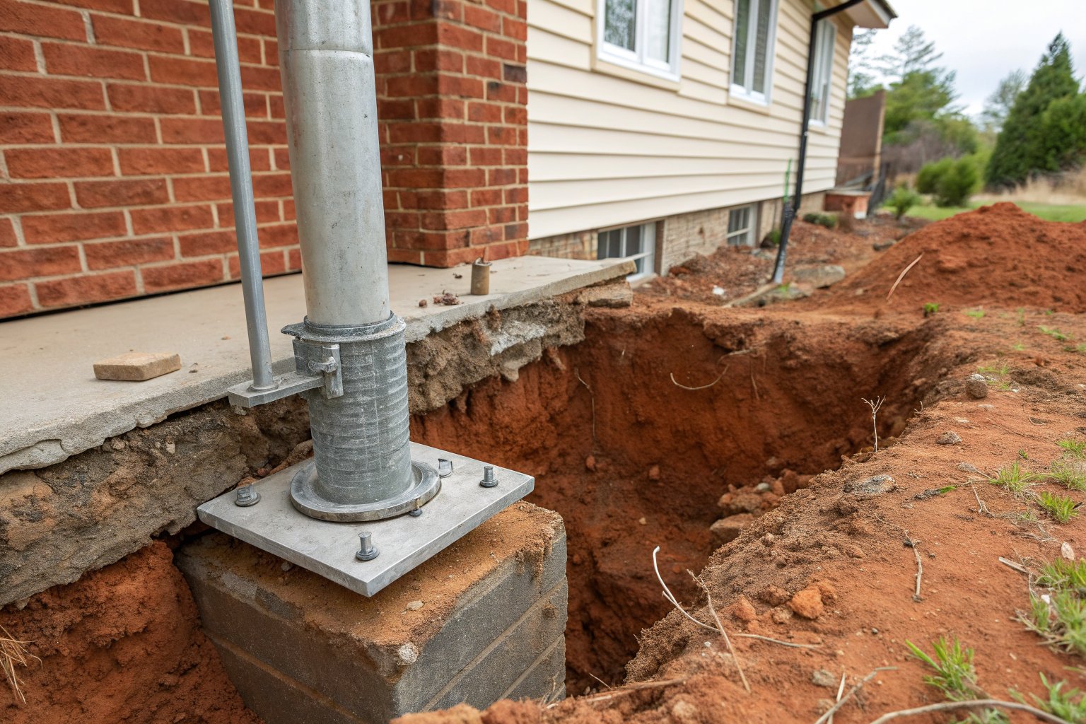 Galvanized steel pier pipe in a bolted bracket at the edge of a slab, in a pit of reddish clay beside a brick house