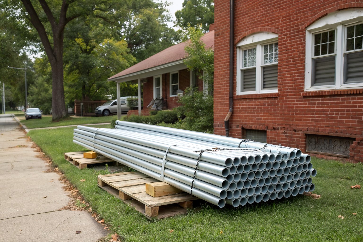 Stack of galvanized steel pipes on a pallet on the lawn beside a brick house