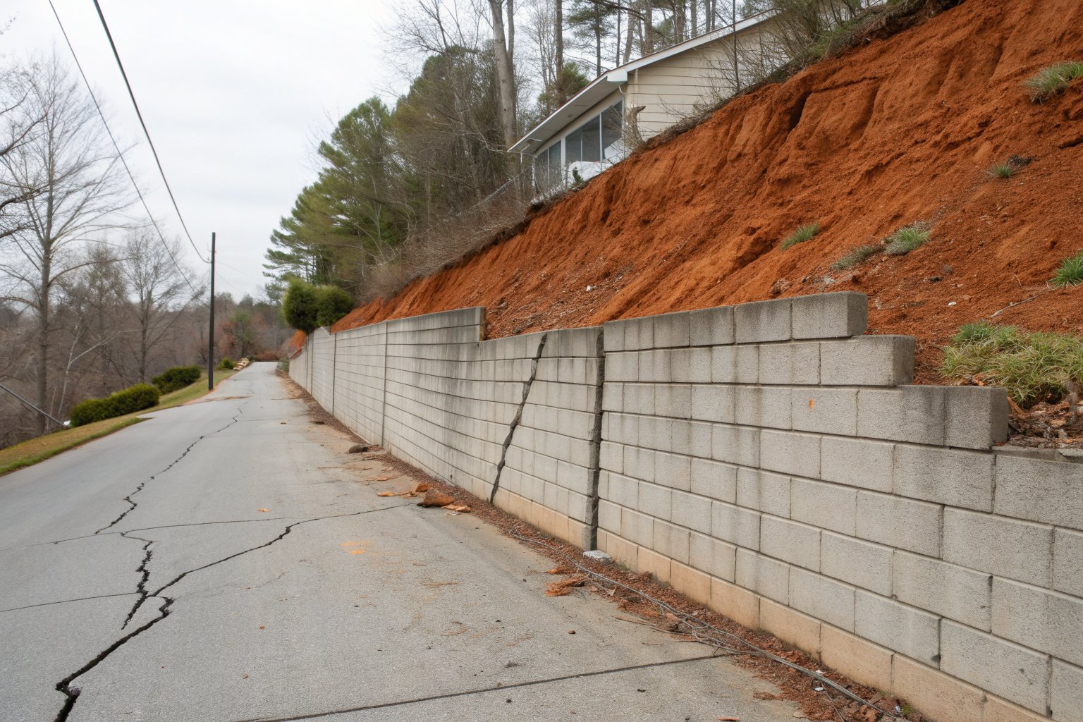 Cracked, leaning concrete block retaining wall beside a sloped driveway