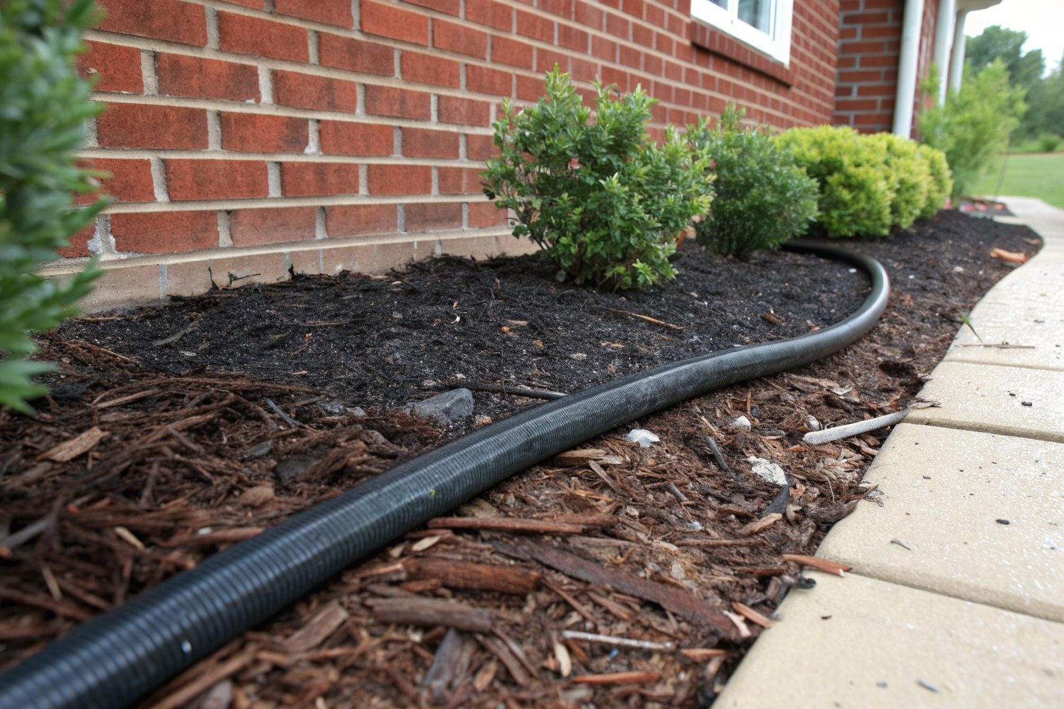 Black hose laid through wet wood mulch along a brick wall, with boxwood shrubs