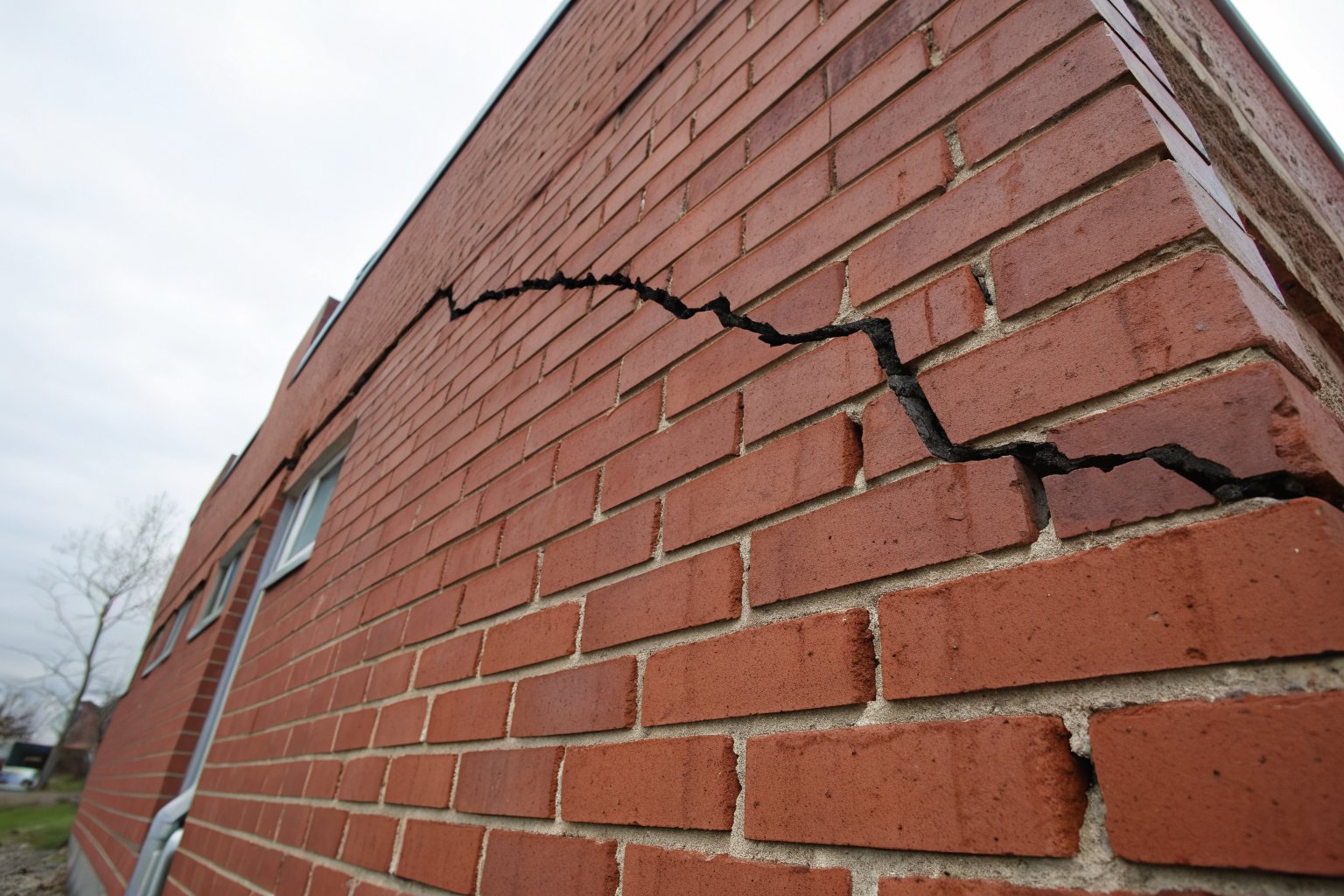 Jagged crack stepping through the mortar joints of a red brick wall near a house corner