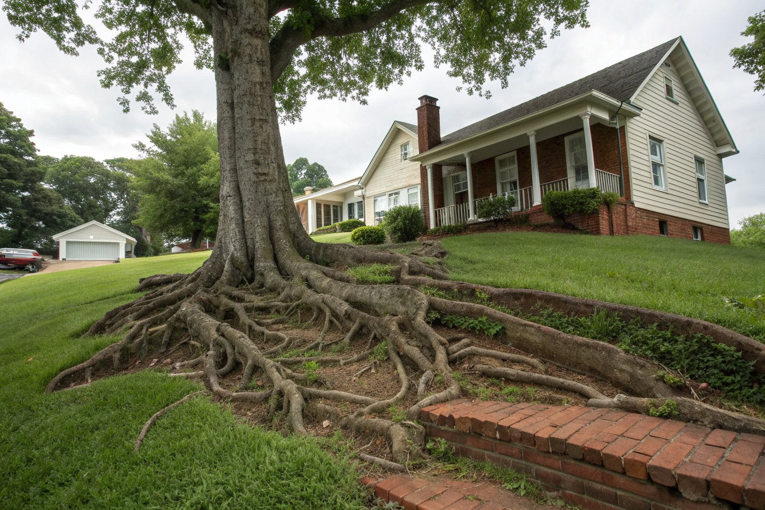Large oak roots spreading across a lawn toward a brick house foundation