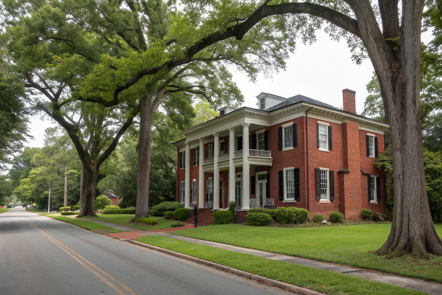 Two-story red brick colonial home with white columns and black shutters on a tree-lined street